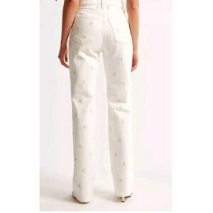 Abercrombie & Fitch the 90s Relaxed High Rise Jean Women's 25 Cream Embroidery